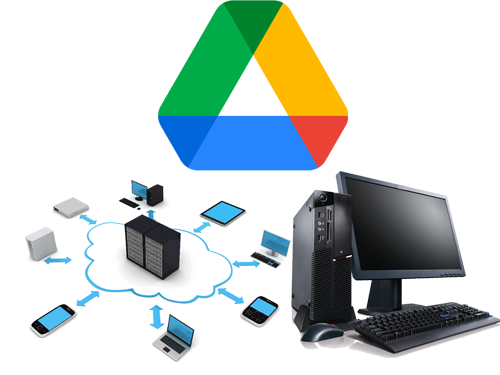 A Google Drive logo, an image of a network and an image of a personal computer